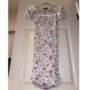 Missguided white mesh ruched floral mini dress with puff sleeves